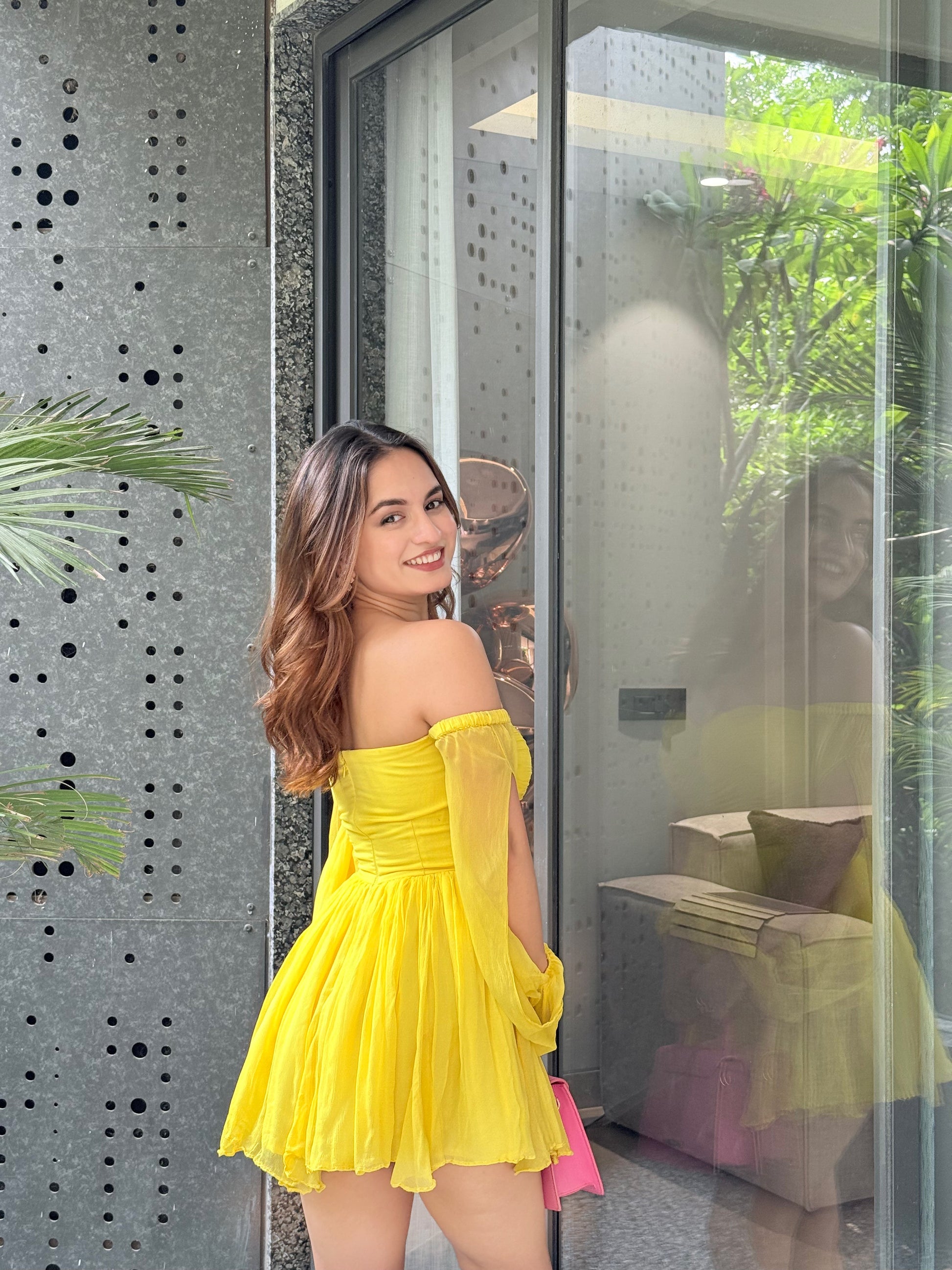 Imagine By Shiwali Rory yellow dress in XXS size, featuring a stylish sleeveless design and vibrant color, perfect for casual wear.