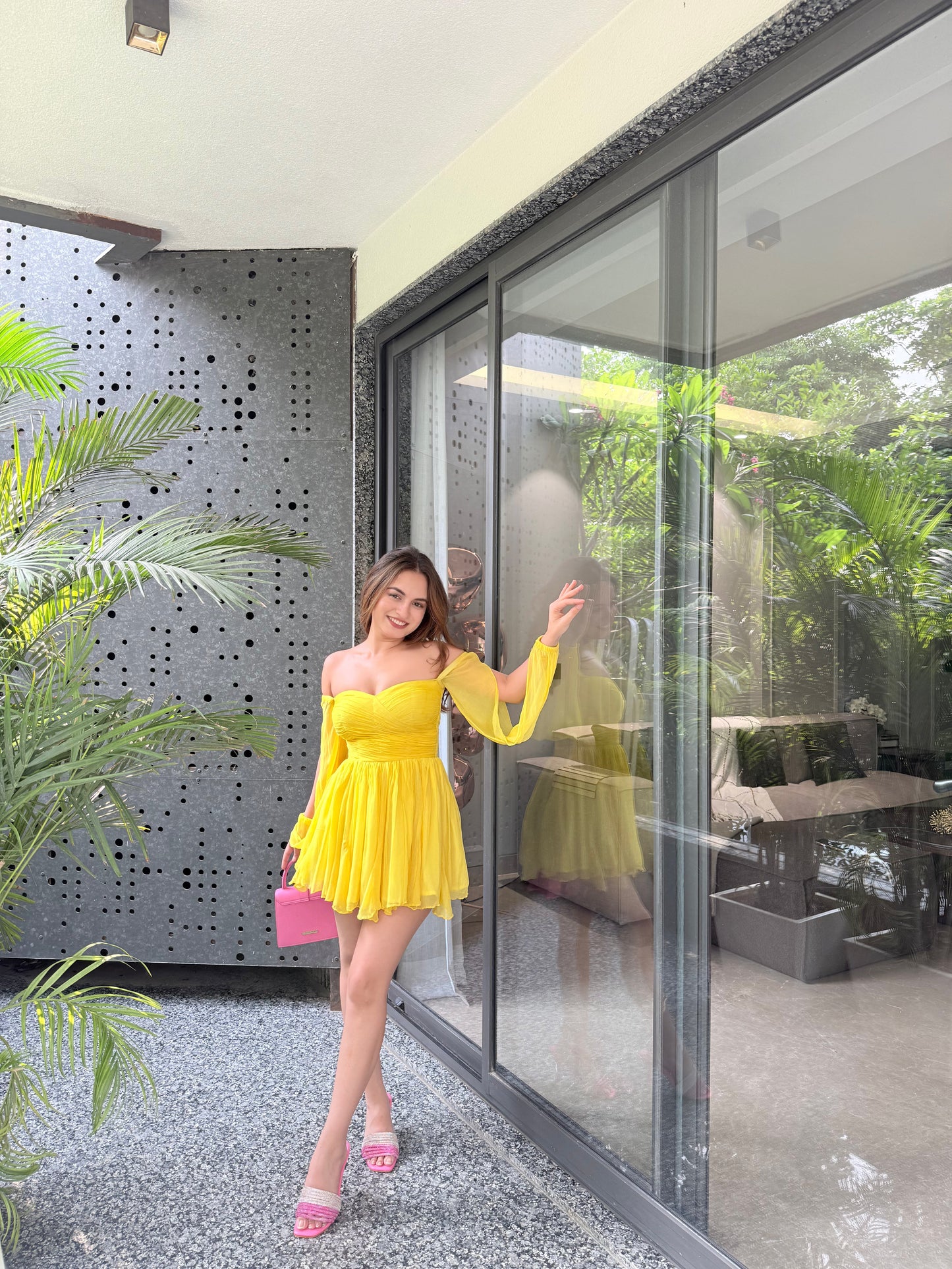 Imagine By Shiwali Rory yellow dress in XXS size, featuring a sleeveless design with a fitted bodice and flowing skirt.