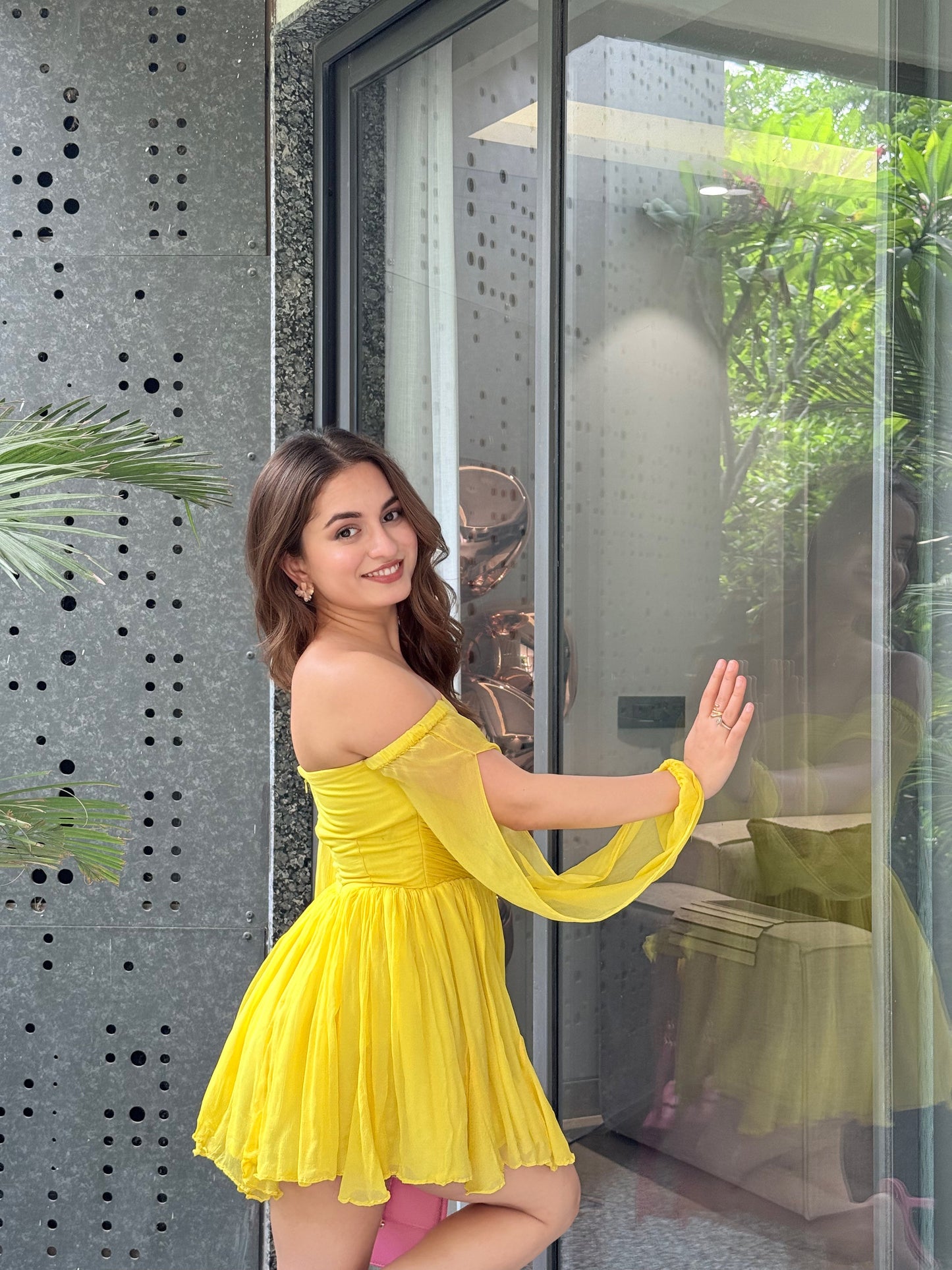 Imagine By Shiwali Rory yellow dress in size XXS, featuring a flowing fabric and stylish design, shown on a mannequin.