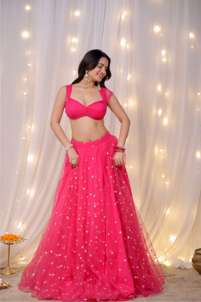 Sara Hot Pink Embellished Lehenga Set by Imagine By Shiwali with intricate embroidery and matching dupatta, perfect for festive occasions.