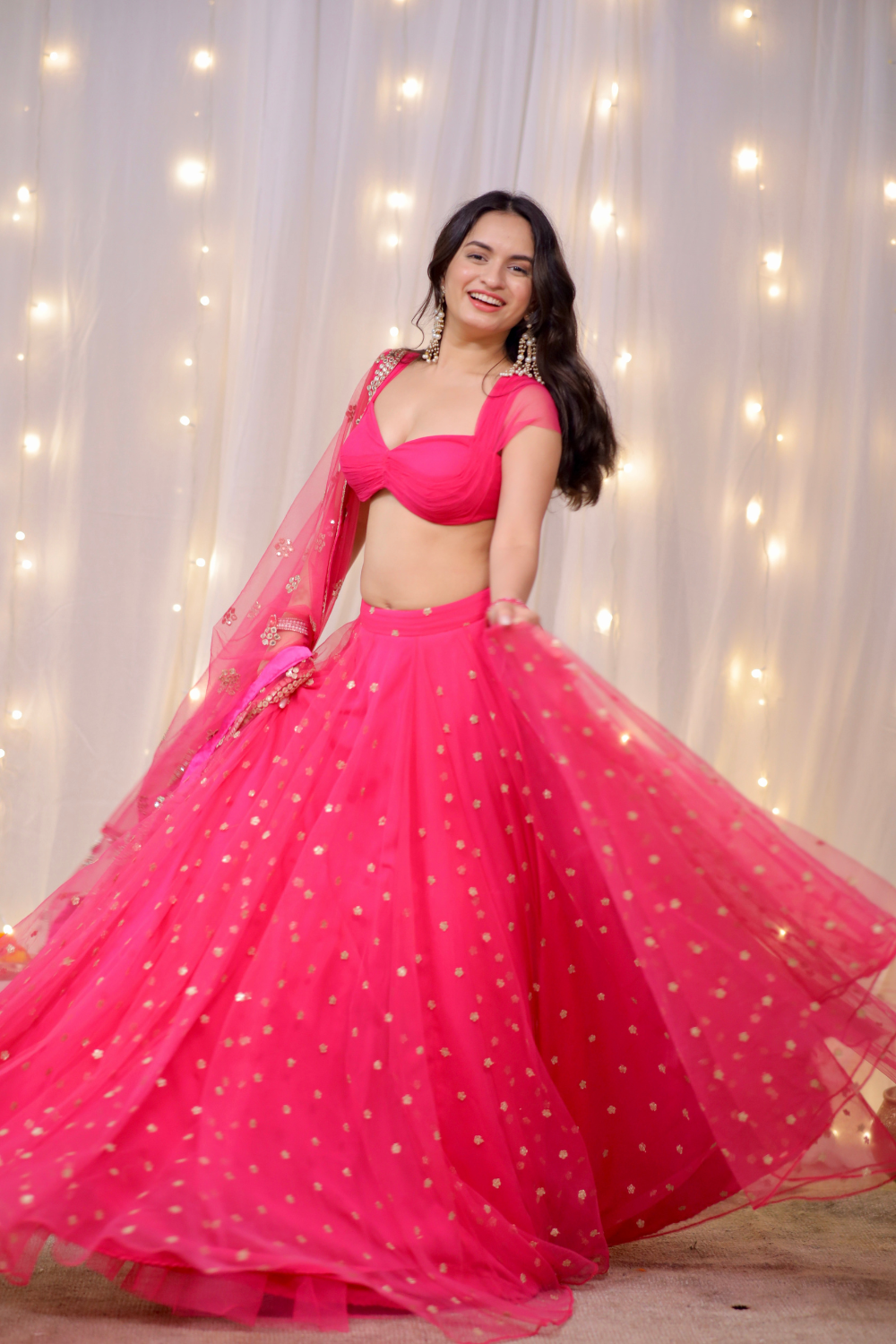 Sara Hot Pink Embellished Lehenga Set by Imagine By Shiwali, featuring intricate embroidery and vibrant traditional design.