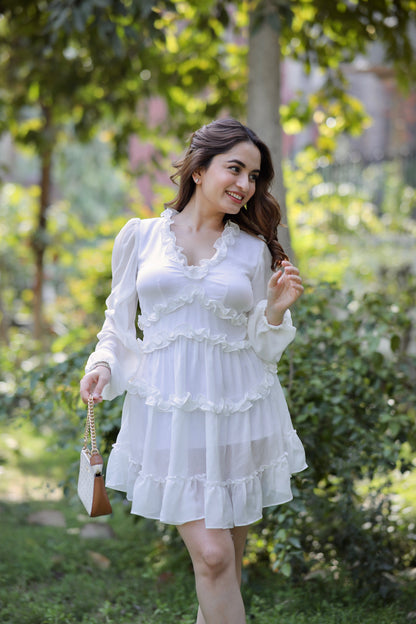 White Vanessa Frill Dress by Imagine By Shiwali, featuring ruffled details and a stylish, feminine design for special occasions.