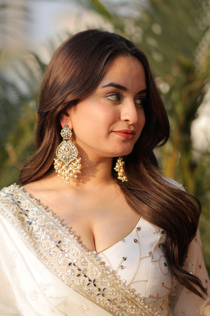 White embellished Maastani Anarkali dress by Imagine By Shiwali with intricate embroidery and flowing fabric, detailed view of the design.