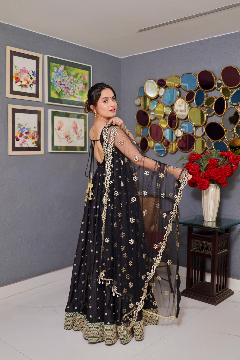 Black Zoya Anarkali dress by Imagine By Shiwali featuring intricate embroidery and flowing fabric with a fitted bodice and flared skirt.