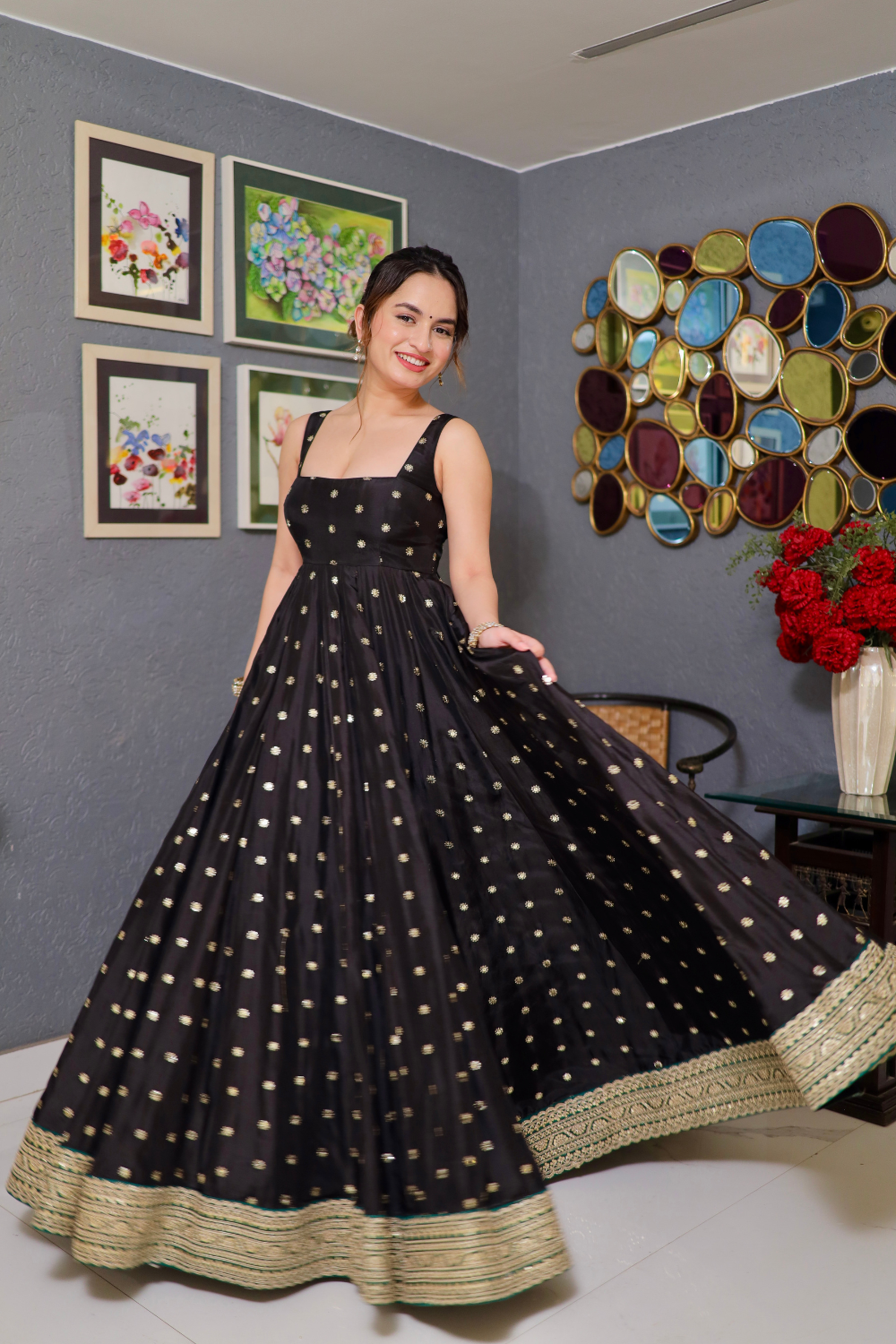 Zoya black anarkali from Imagine By Shiwali featuring intricate embroidery and flowing fabric, traditional Indian dress.
