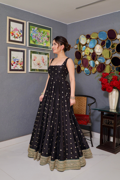 Imagine By Shiwali Zoya black Anarkali dress with intricate embroidery and flowing fabric, shown on a model.