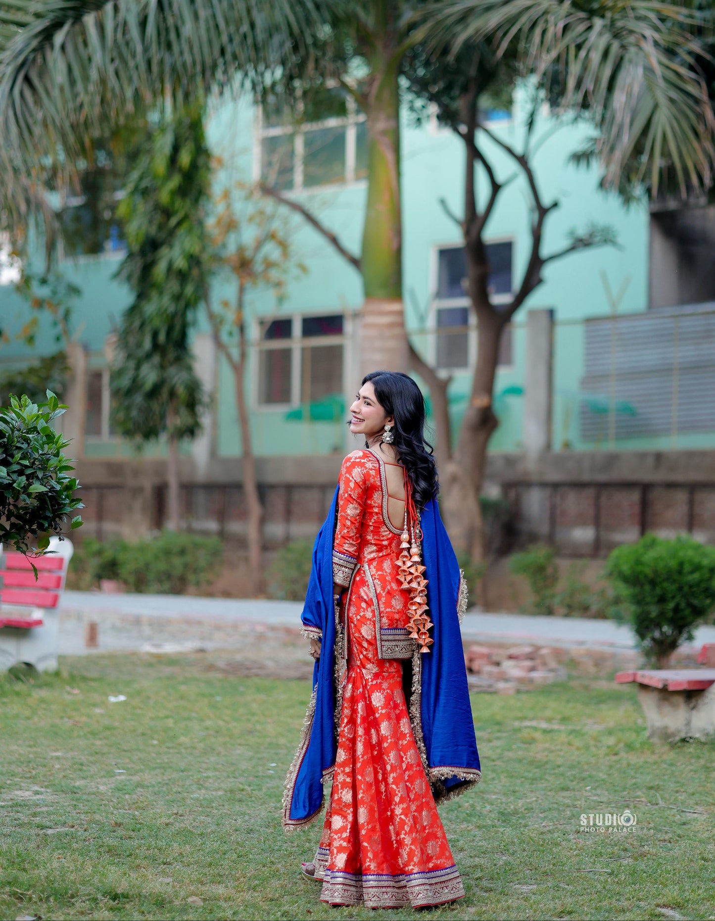 Orange and blue Abhilasha Sharara set by Imagine By Shiwali featuring intricate embroidery and traditional design.