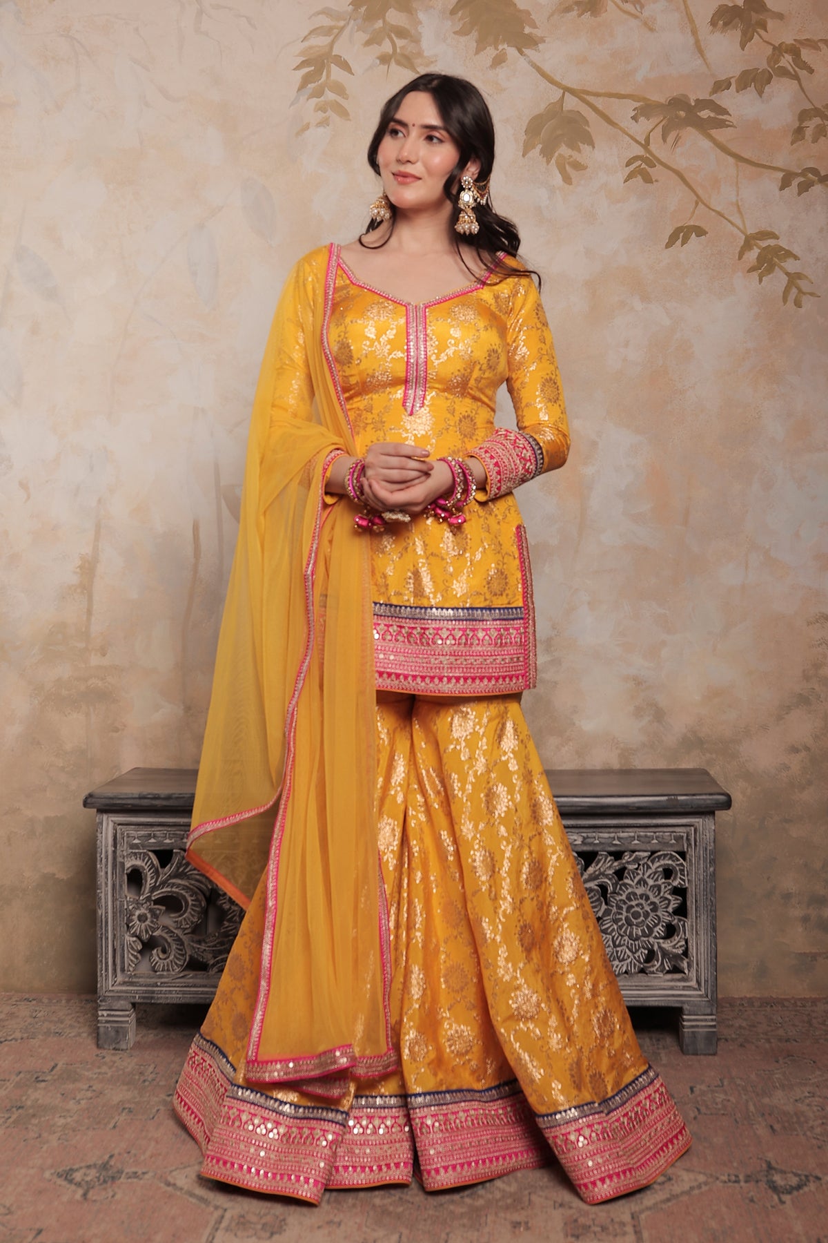 About Abhilasha sharara suit - Yellow and pink