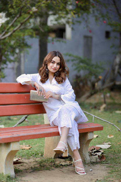 Imagine By Shiwali Aliza Chickankari short kurta with matching pants, featuring intricate embroidery and comfortable traditional style.