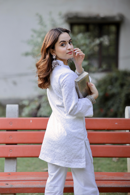Aliza Chickankari short kurta and matching pants by Imagine By Shiwali, featuring intricate embroidery and traditional design.