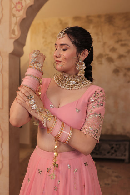 Soft pink bridal lehnga by Imagine By Shiwali with intricate embroidery and traditional design, perfect for wedding celebrations.
