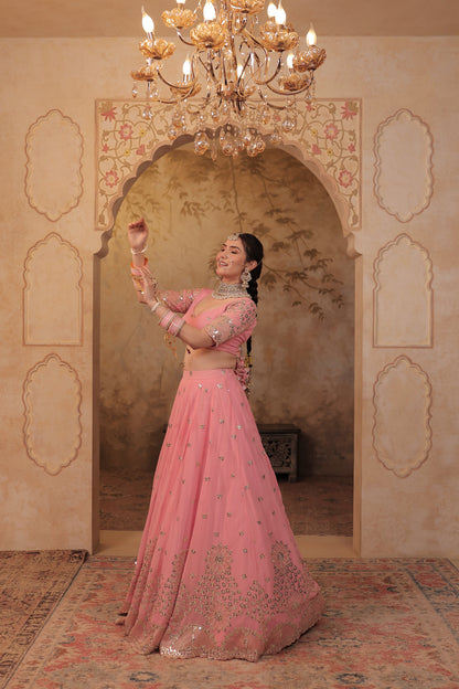 Soft pink bridal lehnga by Imagine by Shiwali featuring intricate embroidery and traditional design, perfect for wedding celebrations.