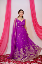 Violet Aza Angrakha style Anarkali dress by Imagine By Shiwali with intricate embroidery and flowy fabric.