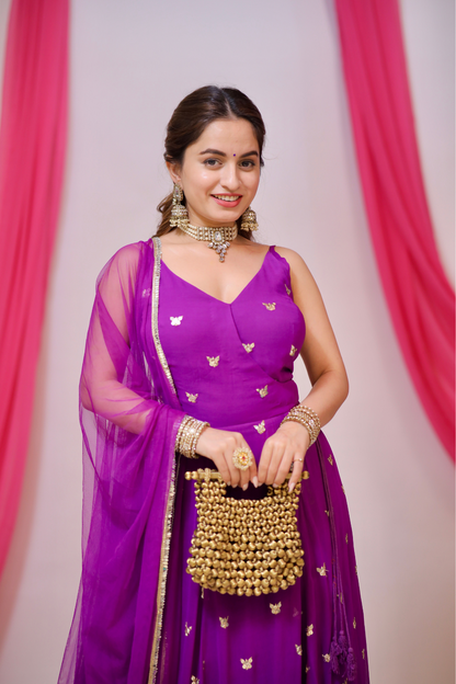 Violet Aza Angrakha style Anarkali dress by Imagine By Shiwali, featuring intricate embroidery and flowing fabric.