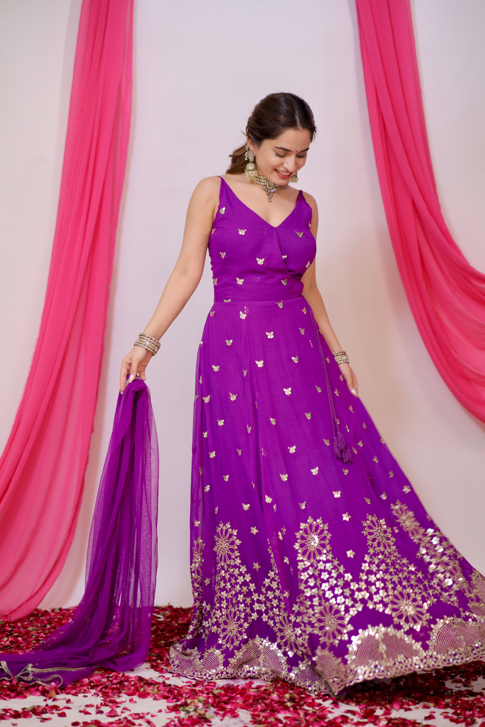A violet Angrakha style Anarkali dress by Imagine By Shiwali, featuring intricate embroidery and traditional design.