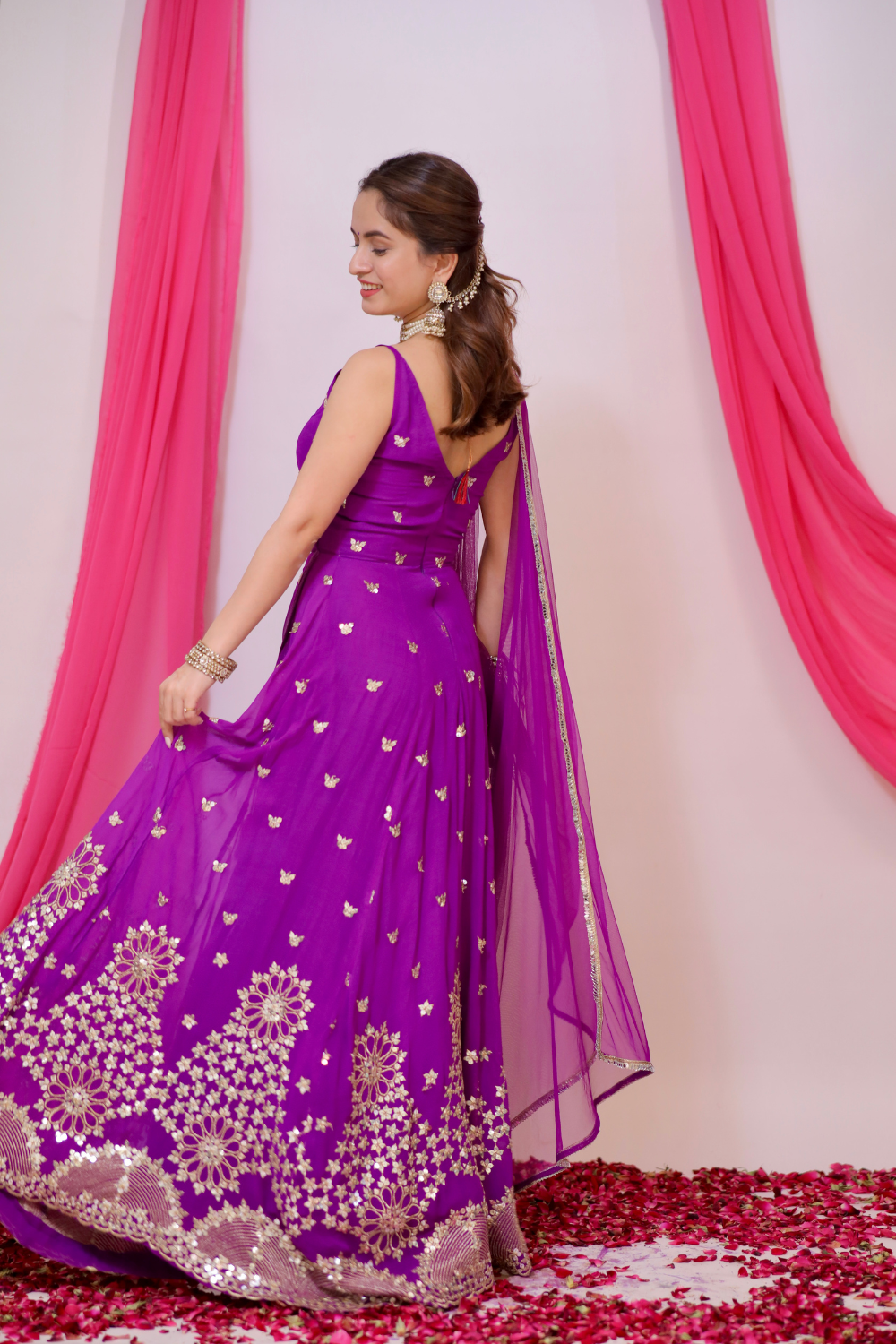 Violet Aza Angrakha-style Anarkali dress by Imagine By Shiwali, featuring intricate embroidery and flowing fabric.