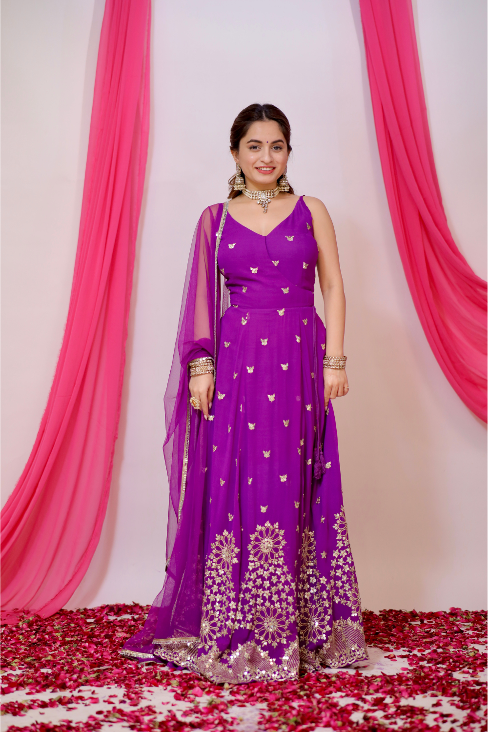 Violet Angrakha-style Anarkali dress by Imagine By Shiwali with intricate embroidery and flowing fabric.