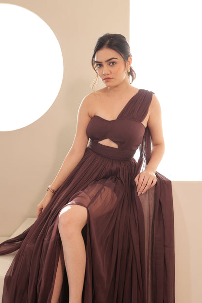 Imagine by Shiwali Britney brown gown featuring elegant fabric and a flowing silhouette, ideal for formal occasions.