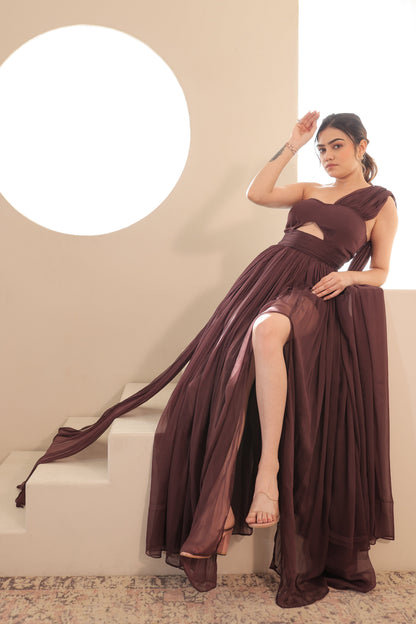 Imagine By Shiwali Britney brown gown featuring flowy fabric and elegant design, shown on a model.