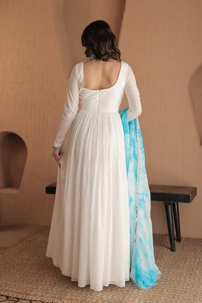 Elegant Chandani white mulmul Anarkali dress by Imagine By Shiwali, showcasing delicate fabric and intricate design details.