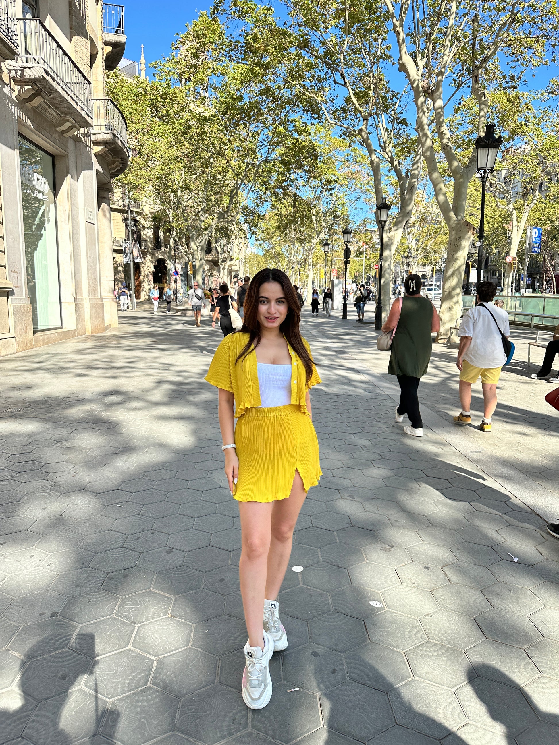Crinkled yellow co-ord set by Imagine By Shiwali, featuring a stylish matching top and pants, casual and trendy.
