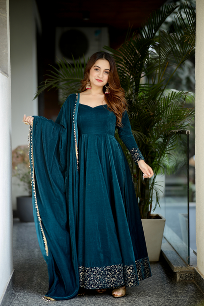Sea green velvet Deepika Anarkali dress by Imagine By Shiwali, featuring intricate embroidery and traditional Indian design.