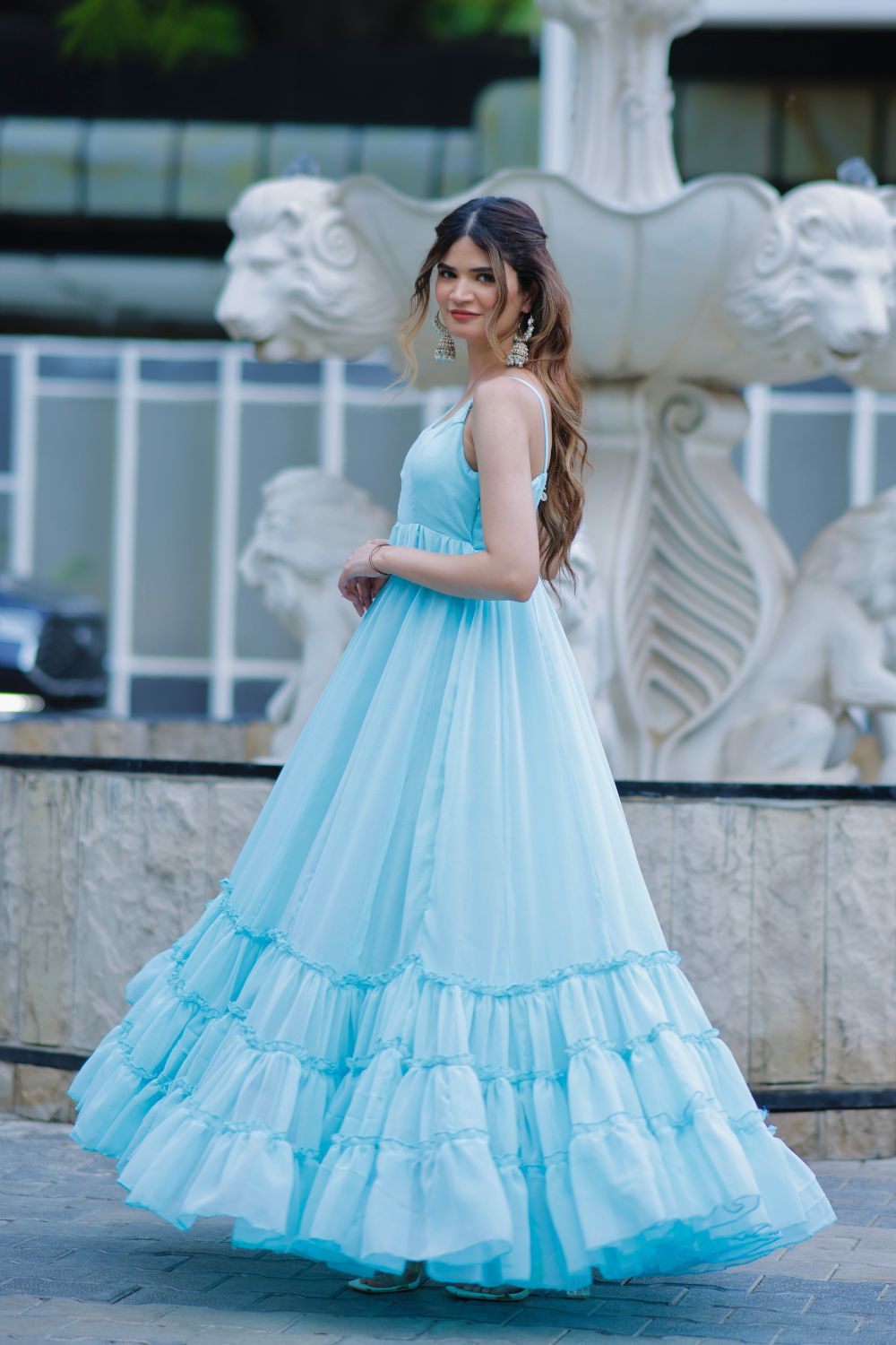 Sky blue Diya gown by Imagine by Shiwali, flowing fabric with intricate embroidery, perfect for elegant occasions.