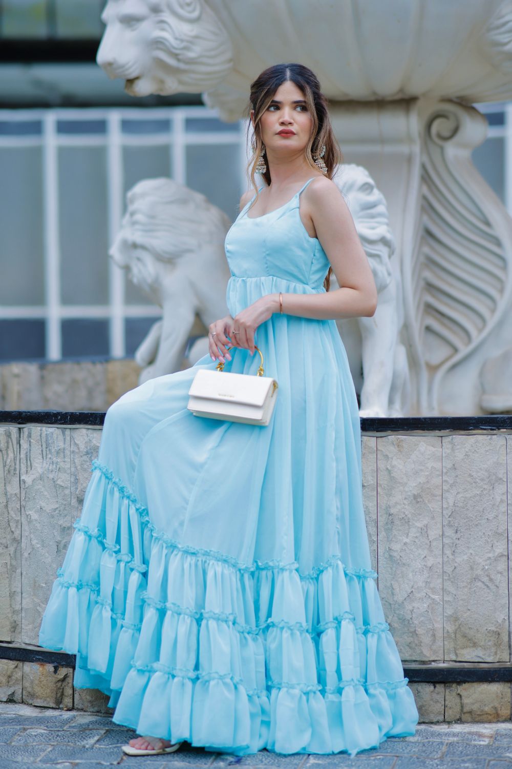 Sky blue Diya gown by Imagine By Shiwali, flowing fabric with intricate embroidery, elegant design perfect for special occasions.