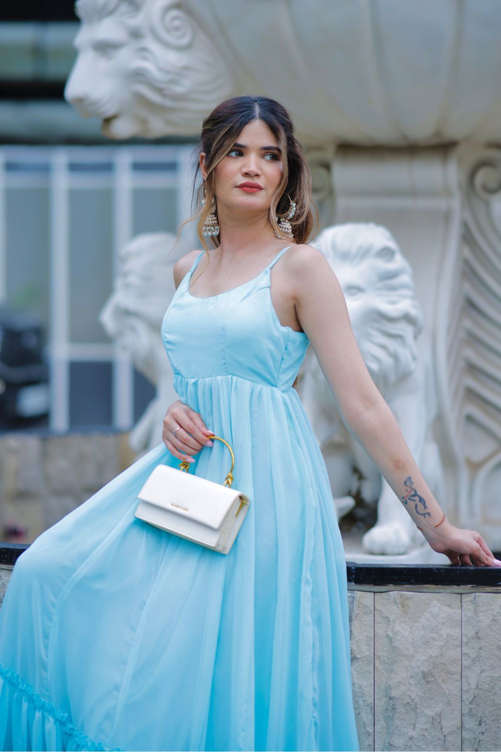 Sky blue Diya gown by Imagine by Shiwali, flowing fabric with intricate embroidery, perfect for elegant occasions.