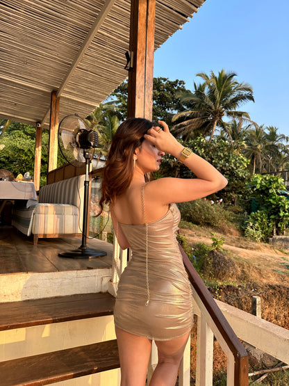 Imagine By Shiwali Gaga Golden Dress, front view featuring a shimmering gold fabric and elegant design.