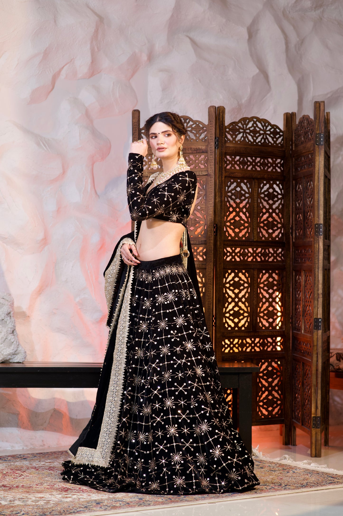 Black velvet Geetanjali lehnga by Imagine By Shiwali, featuring intricate embroidery and traditional design.