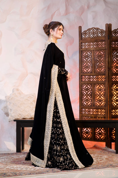 Black velvet Geetanjali lehnga by Imagine By Shiwali, featuring intricate embroidery and traditional Indian bridal design.