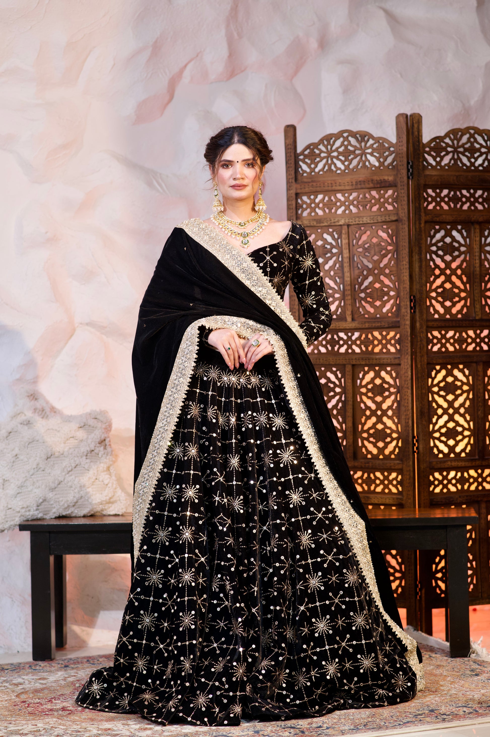 Black velvet Geetanjali lehnga by Imagine By Shiwali, featuring intricate embroidery and traditional Indian design.