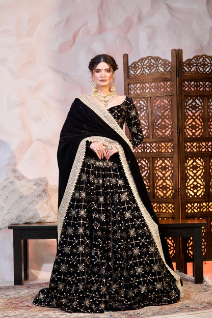 Black velvet Geetanjali lehnga by Imagine By Shiwali, featuring intricate embroidery and traditional Indian design.
