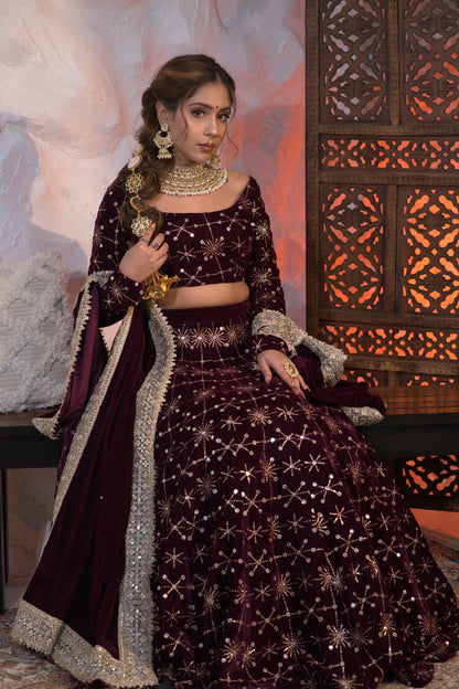 Wine-colored Geetanjali velvet lehnga by Imagine By Shiwali featuring intricate embroidery and traditional design.