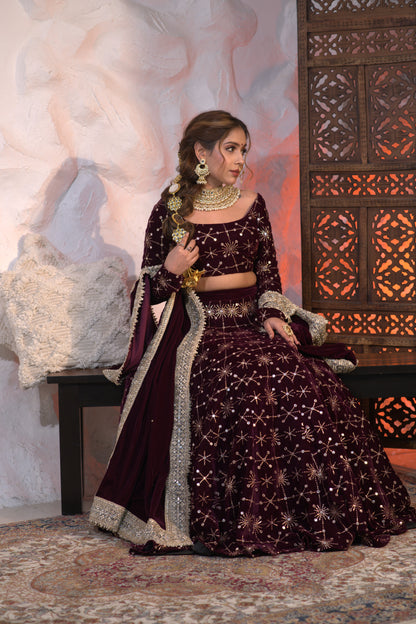 Wine-colored velvet Lehnga by Imagine By Shiwali featuring intricate embroidery and traditional design, perfect for festive occasions.
