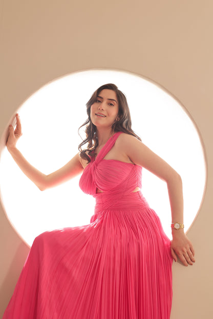 Imagine By Shiwali Genelia pink gown, elegant floor-length dress with intricate detailing and flowing fabric, suitable for special occasions.
