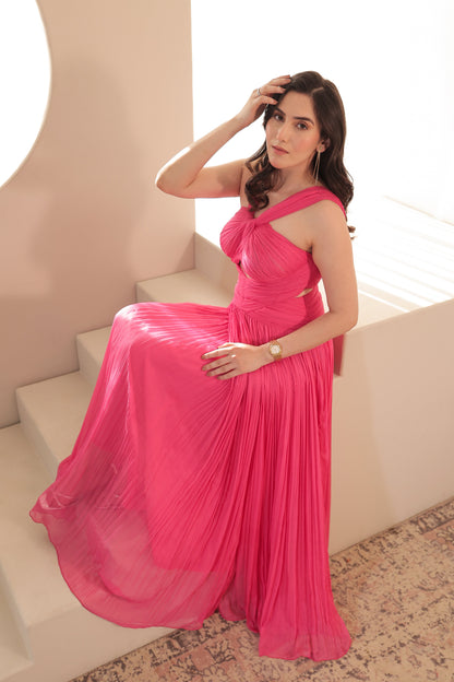 Imagine By Shiwali Genelia pink gown with intricate embroidery and flowing fabric, perfect for special occasions.