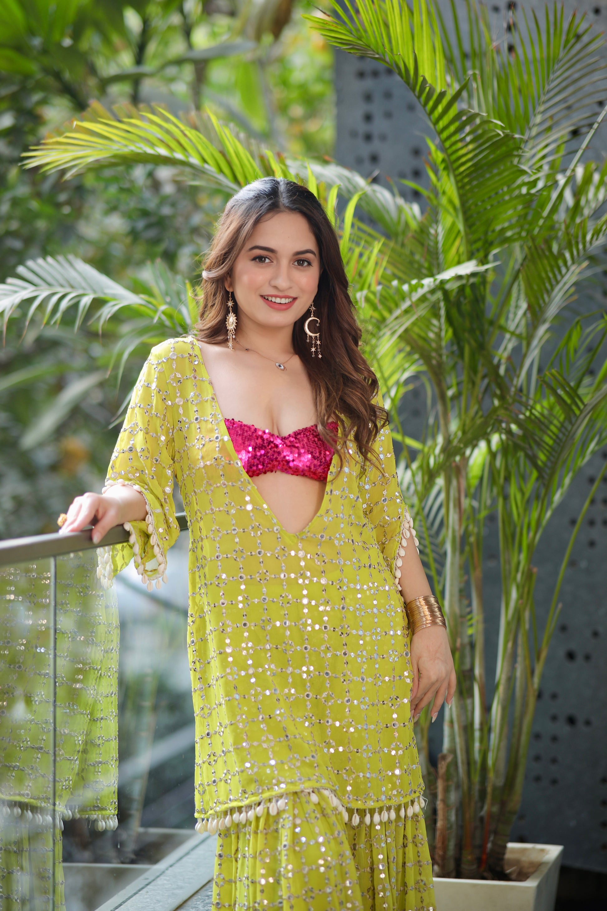 Kangana parrot green kurti and sharara set by Imagine By Shiwali, featuring intricate embroidery and traditional design.