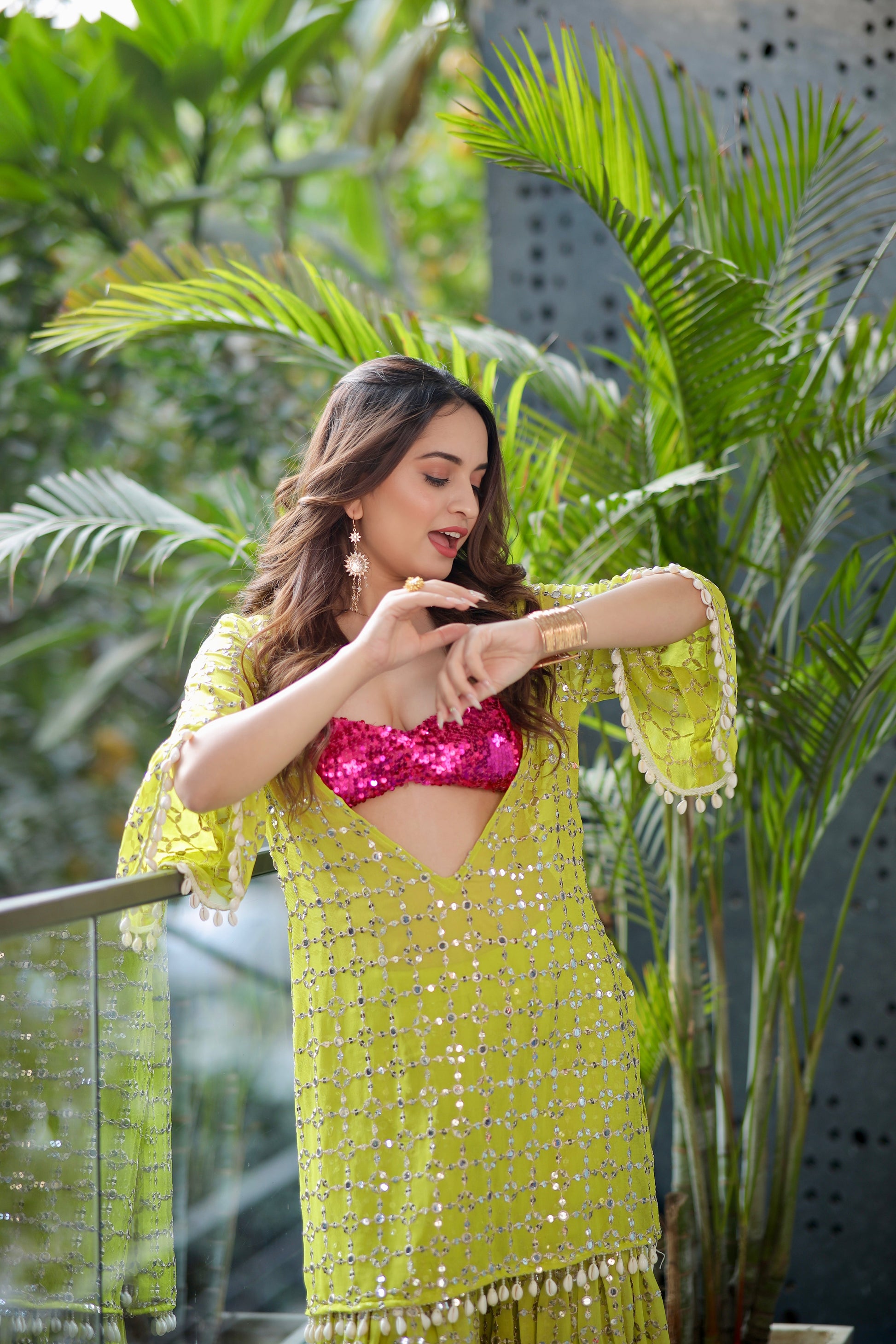 Kangana parrot green kurti and sharara set by Imagine By Shiwali, featuring traditional embroidery and vibrant fabric.