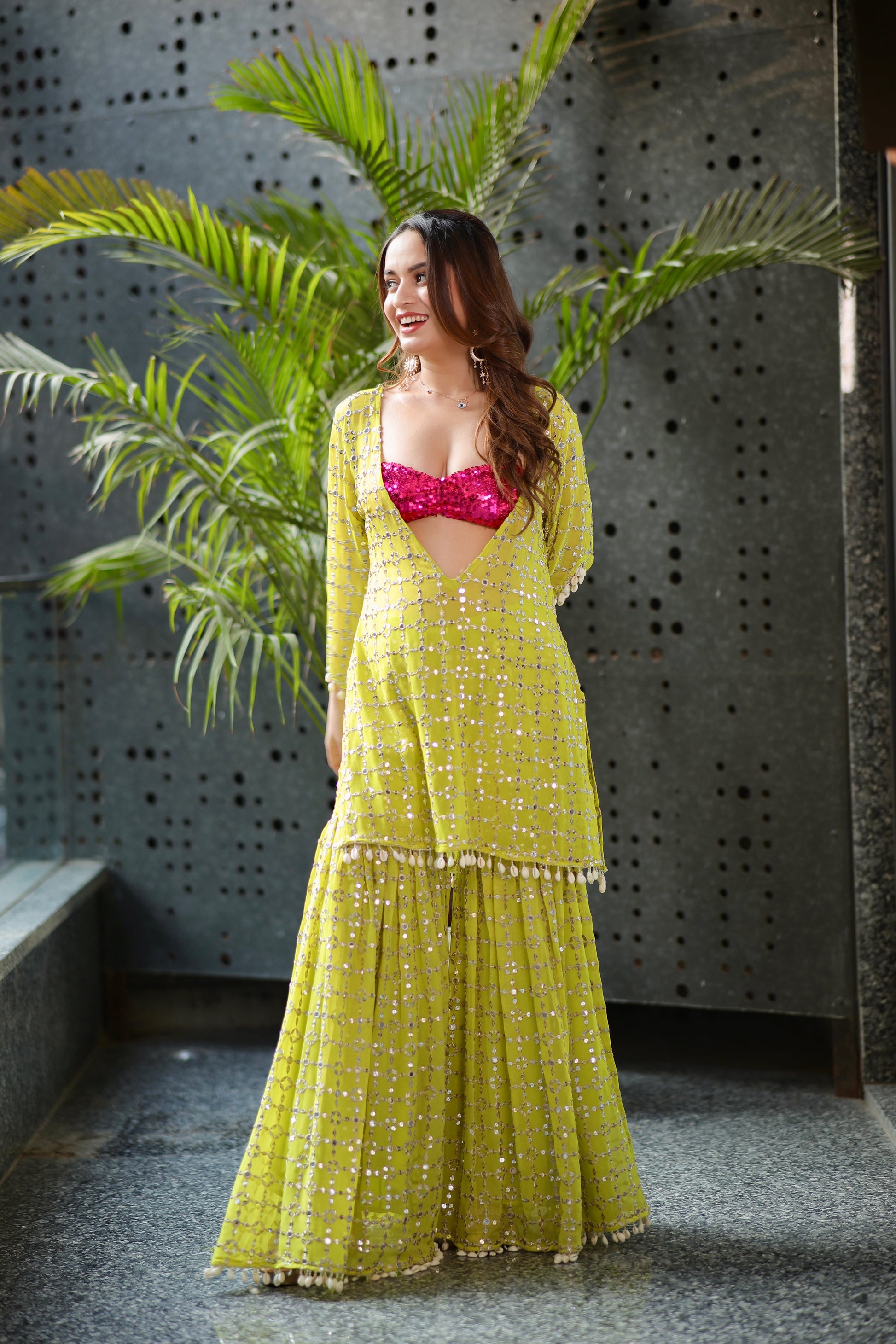Kangana parrot green kurti and sharara set by Imagine By Shiwali, featuring traditional Indian embroidery and vibrant fabric.
