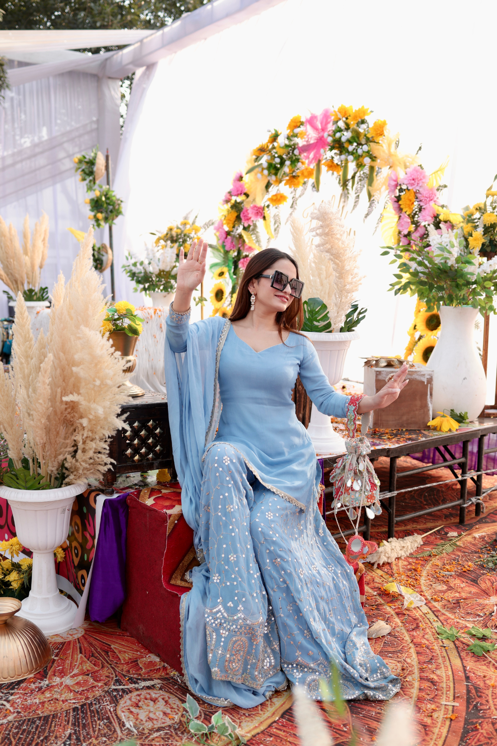 Imagine By Shiwali Kareena gharara suit in ice blue with intricate embroidery and flowing fabric, traditional Indian attire.