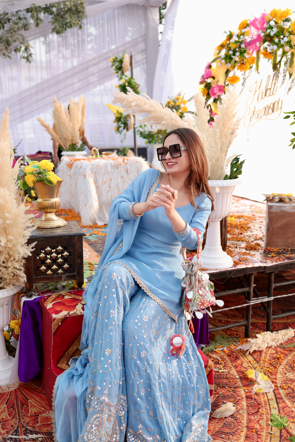 Imagine by Shiwali Kareena gharara suit in Ice Blue with intricate embroidery and flowing fabric, displayed on a mannequin.