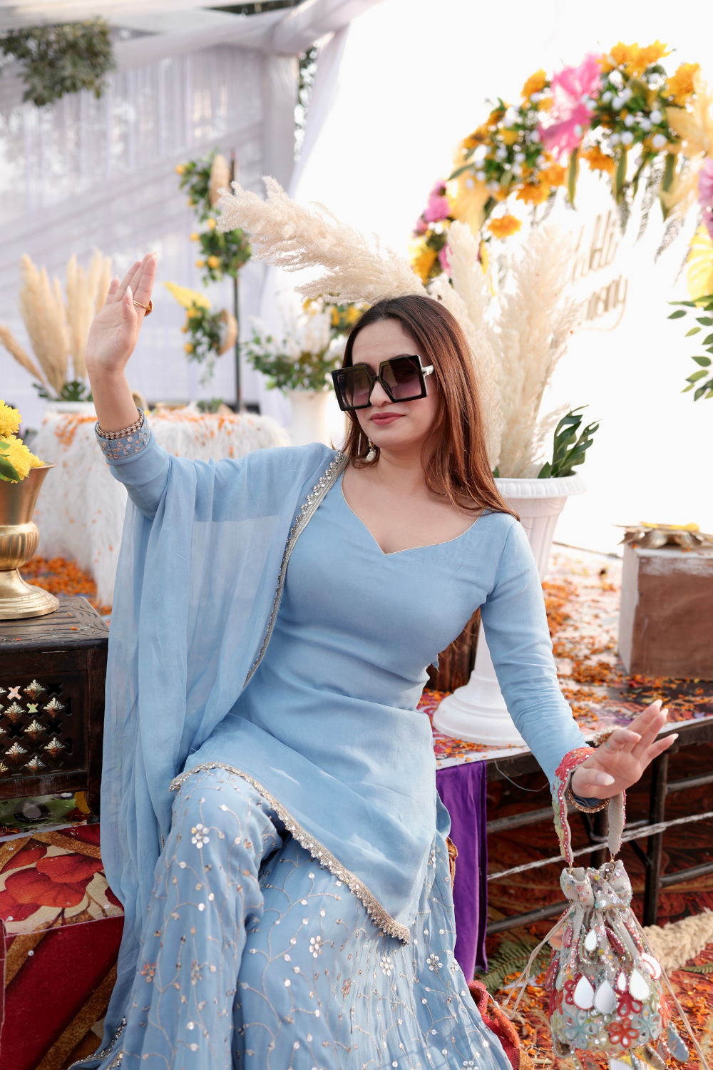 Imagine By Shiwali Kareena gharara suit in ice blue with embroidered top and flowing skirt, traditional Indian ethnic wear