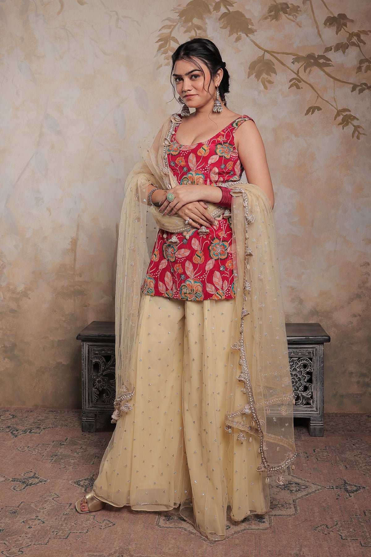 About Karishma sharara suit - pink and beige
