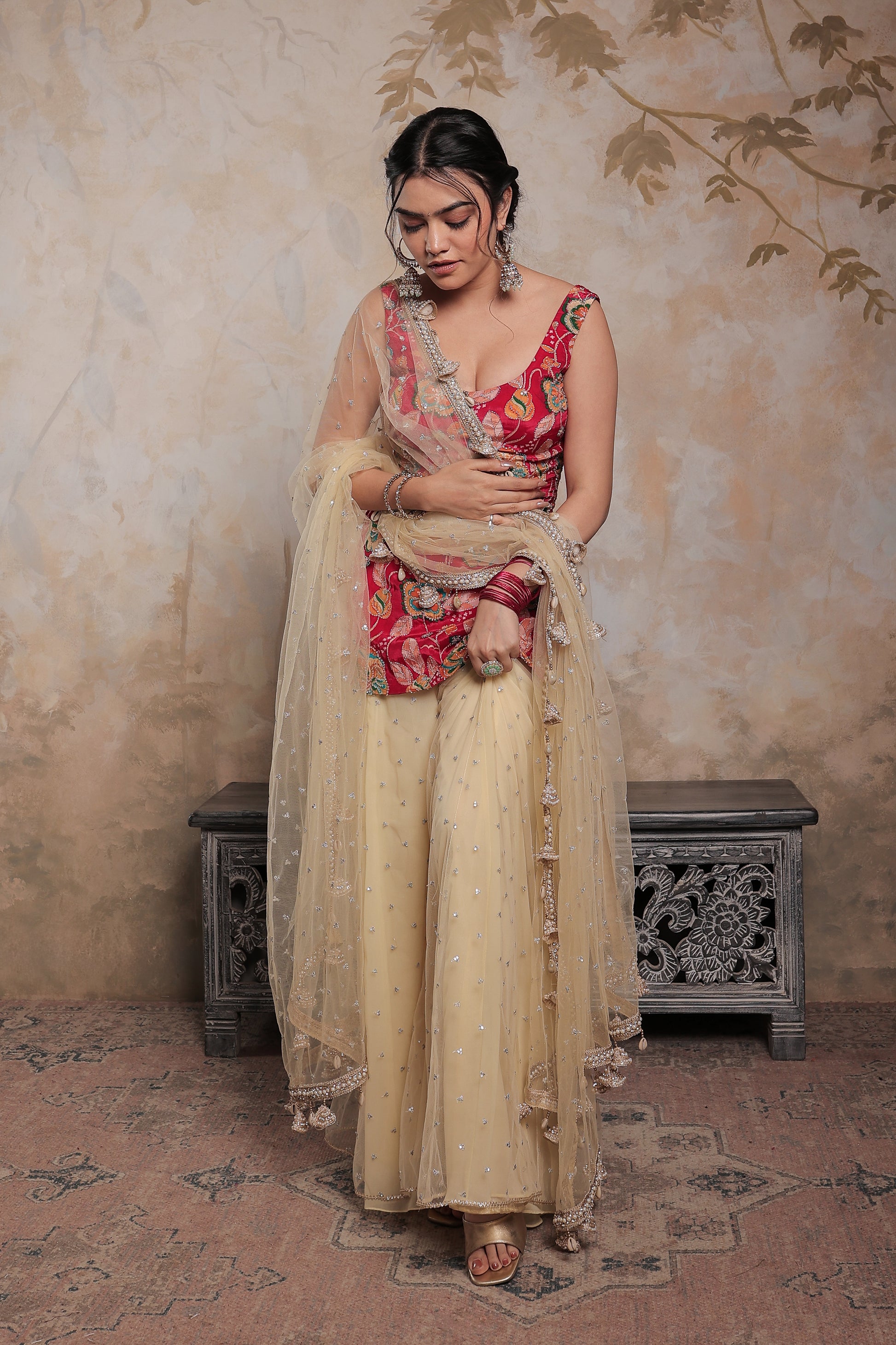 Pink and beige Karishma Sharara suit by Imagine By Shiwali, featuring intricate embroidery and traditional design.