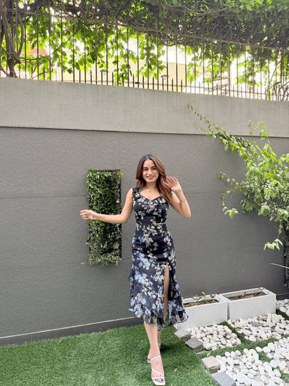 Lacy black printed midi dress by Imagine By Shiwali featuring intricate lace details and a fitted silhouette.