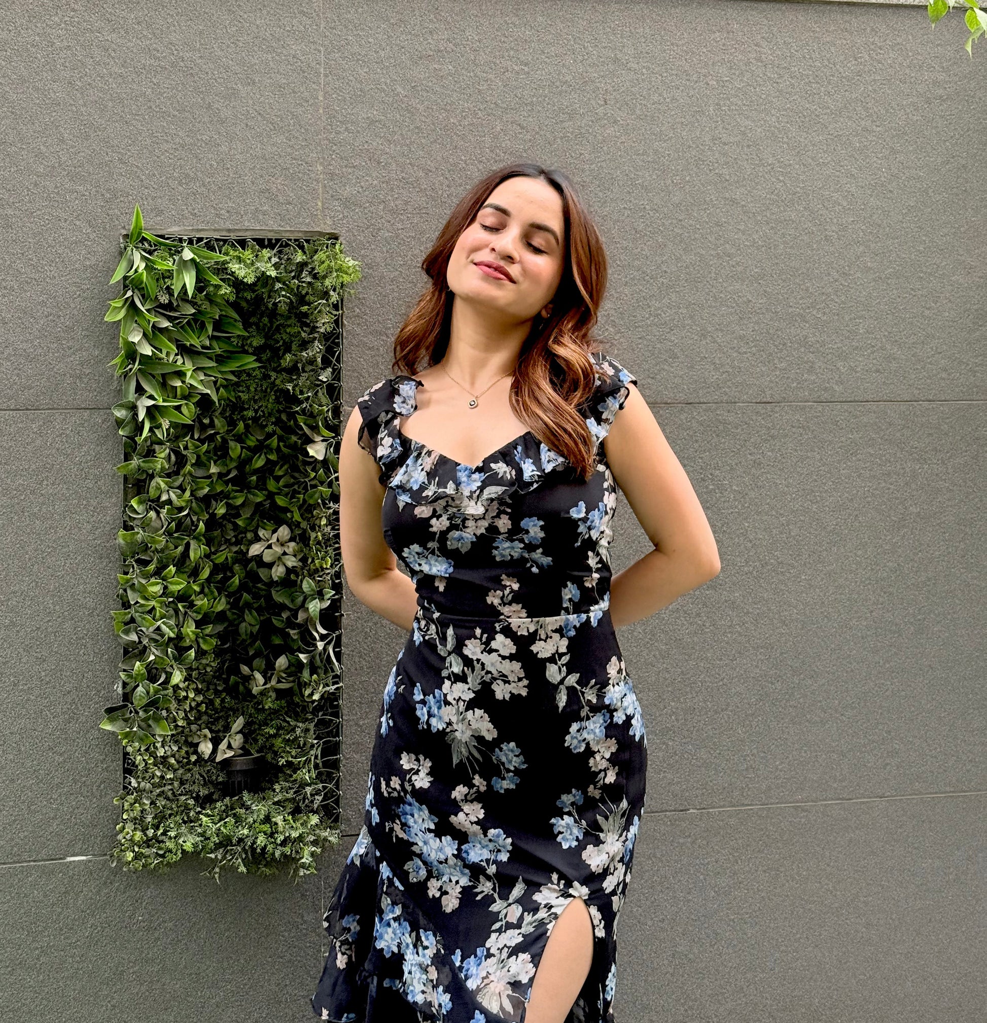 Lacy black printed midi dress by Imagine By Shiwali featuring intricate lace details and a flowy silhouette.