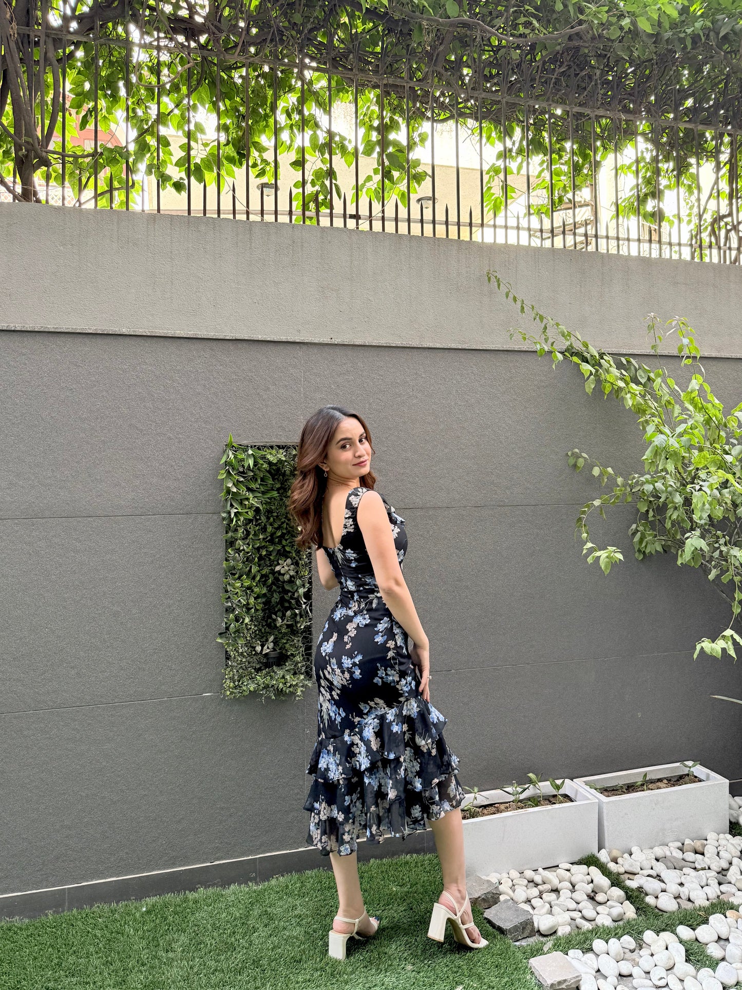 Lacy black printed midi dress by Imagine By Shiwali, featuring delicate lace details and a stylish, flowy silhouette.