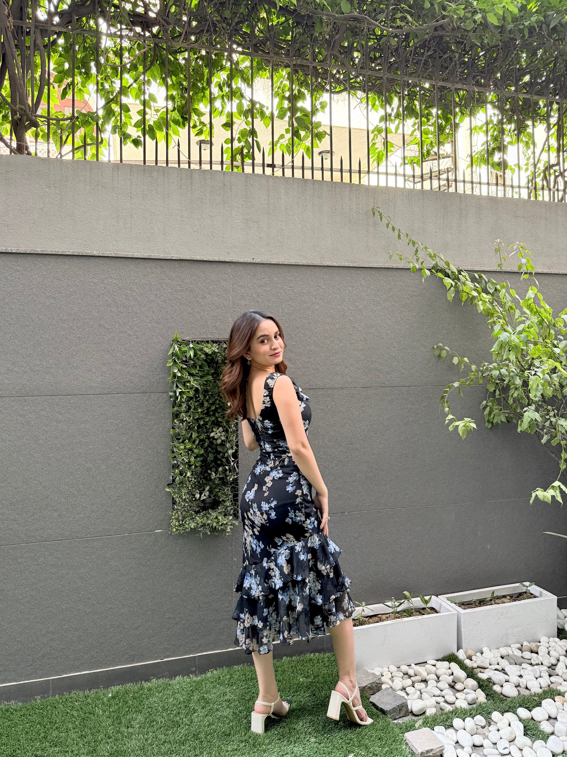 Lacy black printed midi dress by Imagine By Shiwali, featuring delicate lace details and a stylish, flowy silhouette.